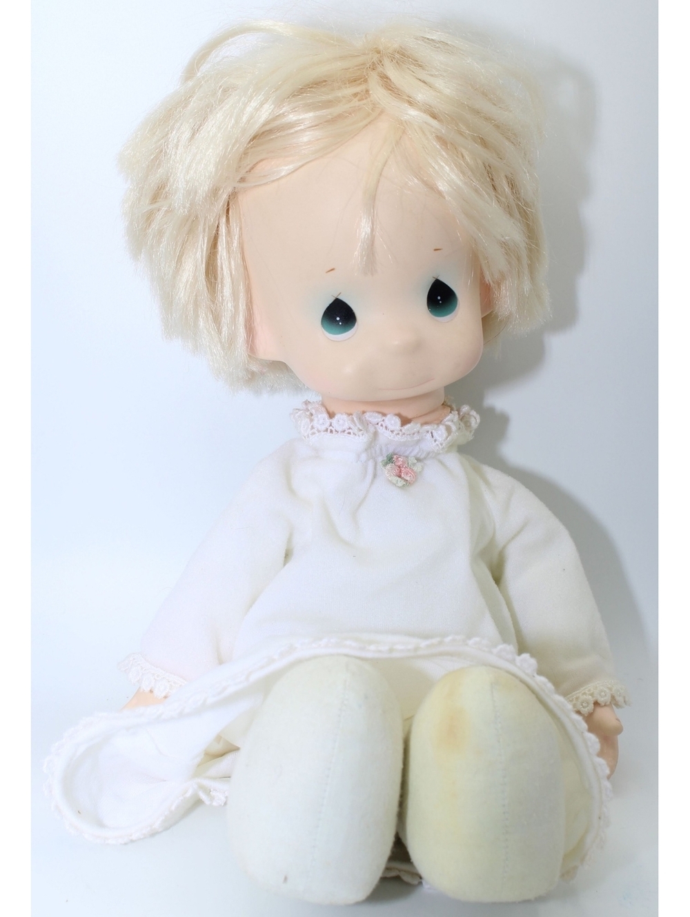 Vintage 1970's Precious Moments Enesco 16" Doll Vinyl Head Plush Body WhiteDress